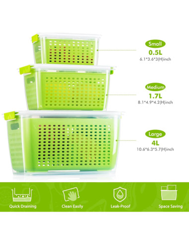 LUXEAR Set de 3 Contenedores para Frutas y Verduras 1.1L
