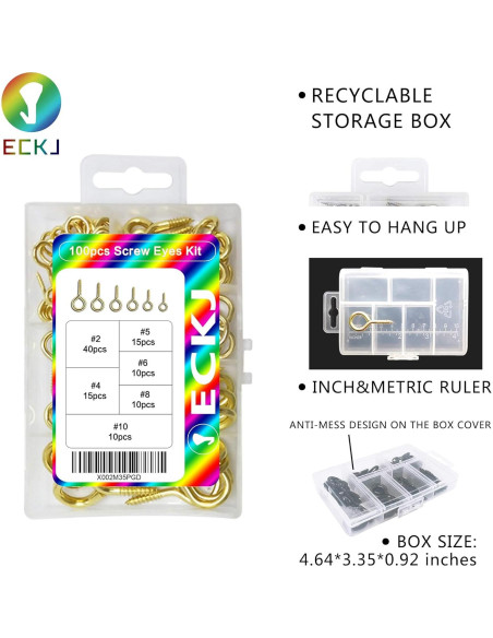 Kit de Ojos de Tornillo Dorados ECKJ 100 Piezas 6 Tamaños Kit de Ojos de Tornillo Dorados ECKJ 100 Piezas 6 Tamaños