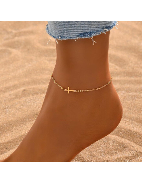 Brazalete de Tobillo Dorado Kyazeo con Cruz y Cuentas Coloridas Brazalete de Tobillo Dorado Kyazeo con Cruz y Cuentas Coloridas