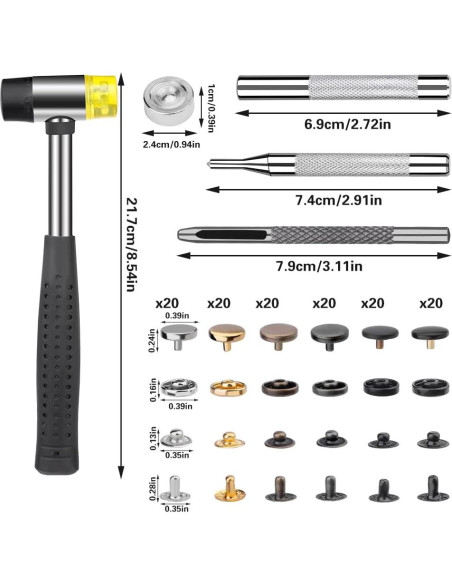 Kit de 120 Botones a Presión TLKKUE 10mm con Martillo y Herramientas Kit de 120 Botones a Presión TLKKUE 10mm con Martillo y Herramientas