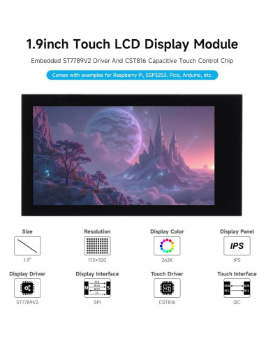 Módulo Pantalla Táctil LCD 1.9" Waveshare 172x320 IPS SPI I2C