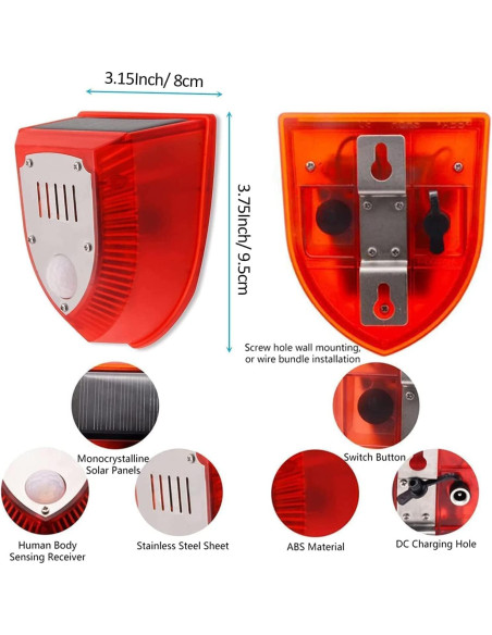 Luz de Alarma Solar con Sensor de Movimiento WONFAST 129dB Luz de Alarma Solar con Sensor de Movimiento WONFAST 129dB