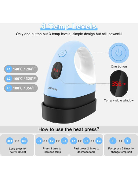 Mini Prensa Térmica ARJudy Azul, 3 Niveles de Temperatura Mini Prensa Térmica ARJudy Azul, 3 Niveles de Temperatura