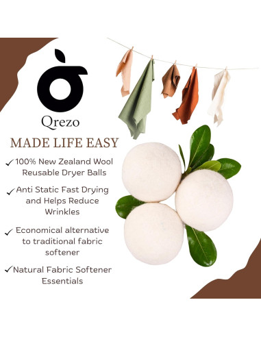 Bolas de Secadora de Lana QREZO 6-Pack Ecológicas 7 cm