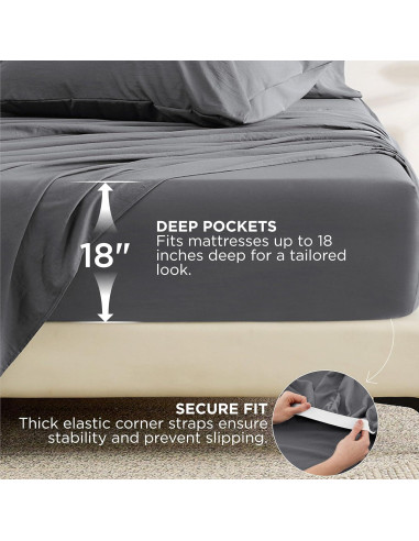 Juego de Sábanas 6 Piezas Bedsure Queen Gris Ajuste Profundo