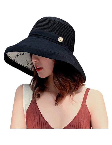 Sombrero de Sol Plegable UV para Mujeres - Floral Negro Mediano Sombrero de Sol Plegable UV para Mujeres - Floral Negro Mediano