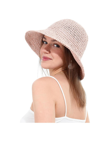 Sombrero de Paja para Mujer Plegable UV UPF 50+ Rosa
