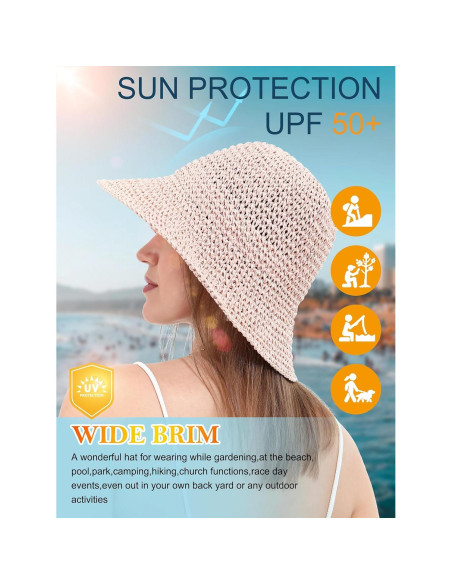 Sombrero de Paja para Mujer Plegable UV UPF 50+ Rosa Sombrero de Paja para Mujer Plegable UV UPF 50+ Rosa