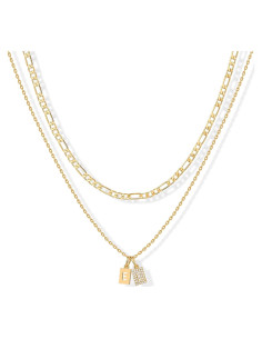 Collar Doble Placa Inicial PAVOI Baño Oro 14K con Circonita