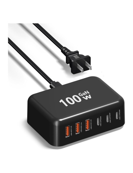 Cargador USB C 100W GaN 6 Puertos Adaptador Rápido Negro Cargador USB C 100W GaN 6 Puertos Adaptador Rápido Negro