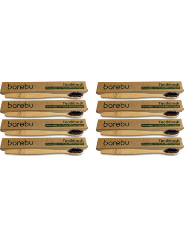 Cepillo de Dientes de Bambú Barebu - 8 Unidades Suaves Negro