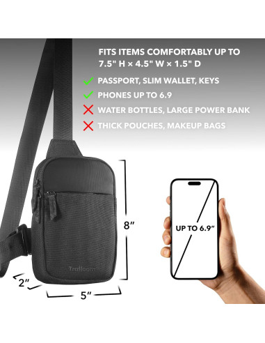 Mini Sling Bag Trailoom Negro - Correa Intercambiable, Repelente al Agua, Bloqueo RFID