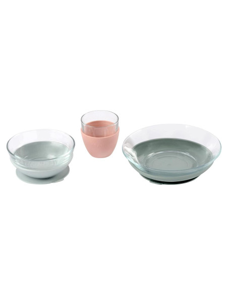 BEABA Set de Comida de Vidrio 3 Piezas Antideslizante Rosa