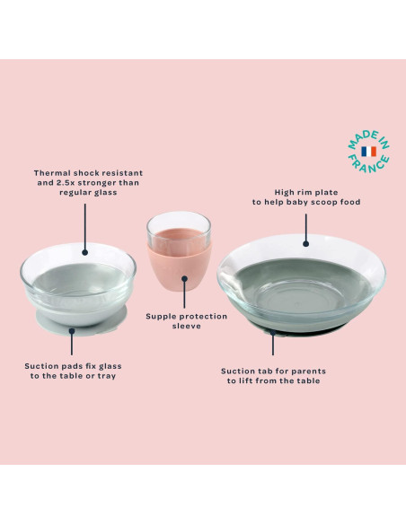 BEABA Set de Comida de Vidrio 3 Piezas Antideslizante Rosa