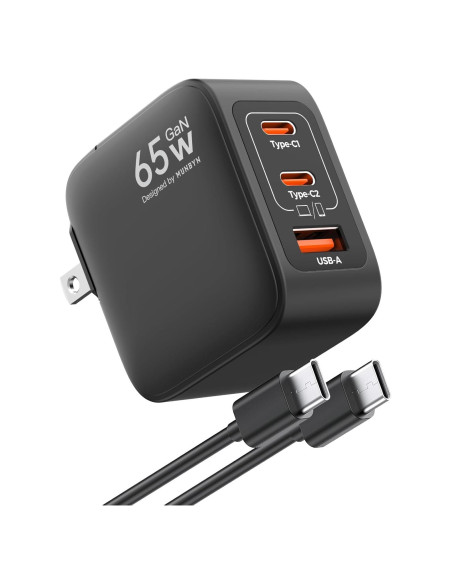 Cargador USB-C MUNBYN 65W Plegable 3 Puertos GaN Negro Cargador USB-C MUNBYN 65W Plegable 3 Puertos GaN Negro