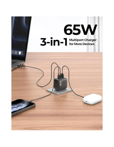 Cargador USB-C MUNBYN 65W Plegable 3 Puertos GaN Negro