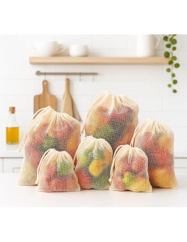 Bolsas de Malla Reutilizables Orgánicas 100% Algodón - 6 Pcs