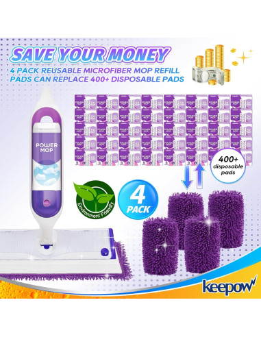 Paquete de 4 Paños Reutilizables KEEPOW para Mopas Swiffer 33-38 cm