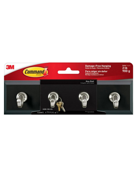 Riel Decorativo para Llaves Command 3M, 4 Ganchos, Negro/Plata Riel Decorativo para Llaves Command 3M, 4 Ganchos, Negro/Plata