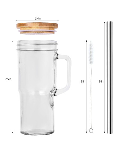 Vasos de vidrio 24 oz con tapa y popote Fragscen - Paquete de 4