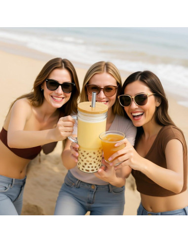 Vasos de vidrio 24 oz con tapa y popote Fragscen - Paquete de 4