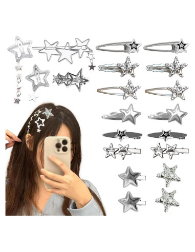 20 Clips de Cabello Plateados Y2K - 12 Estilos de Estrella