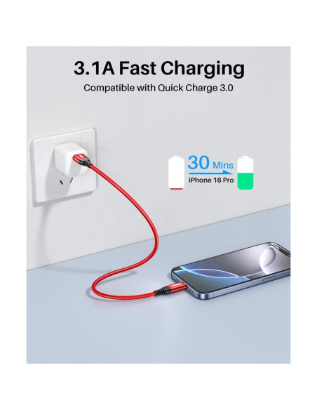 Cable USB C 10Gbps 15 cm LDLrui Rojo Carga Rápida 3.1A Cable USB C 10Gbps 15 cm LDLrui Rojo Carga Rápida 3.1A