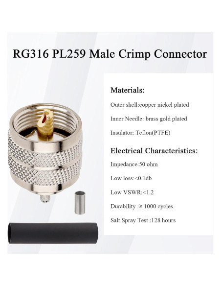 Conectores Crimp Macho PL-259 UHF 10 Unidades RG316 RG174 Conectores Crimp Macho PL-259 UHF 10 Unidades RG316 RG174