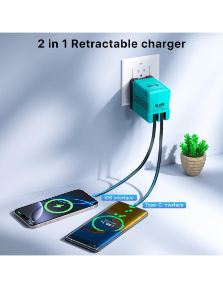 Cargador de Pared Retráctil 2 en 1 45W USB-C iOS Azul Cargador de Pared Retráctil 2 en 1 45W USB-C iOS Azul