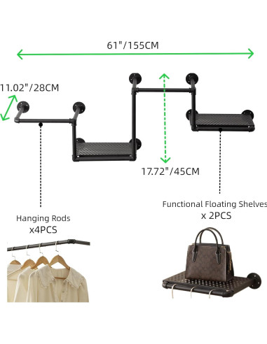 Perchero de Ropa DOFURNILIM Industrial Montado en Pared 2 Varillas