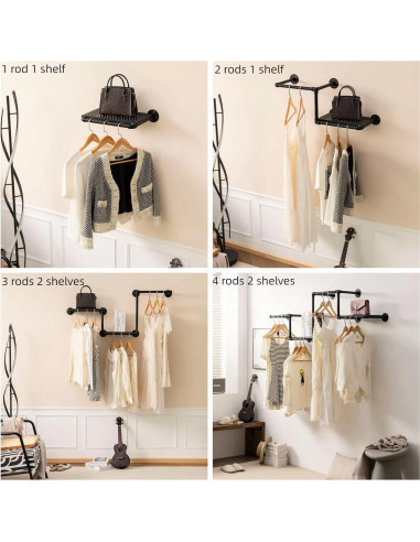 Perchero de Ropa DOFURNILIM Industrial Montado en Pared 2 Varillas