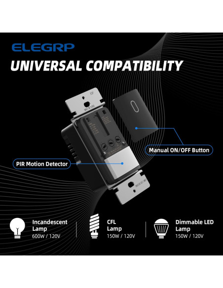 Interruptor de Luz con Sensor de Movimiento ELEGRP, Negro Interruptor de Luz con Sensor de Movimiento ELEGRP, Negro