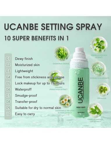 Spray Fijador de Maquillaje UCANBE Dewy 100 ml + 2 Esponjas Puff