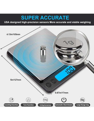 Balanza Digital de Cocina MEIYA 1000g x 0.01g Acero Inoxidable