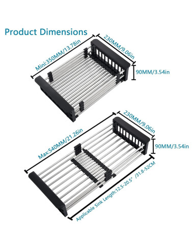 Escurridor de Platos TUTEW Acero Inoxidable Ajustable Negro Grande