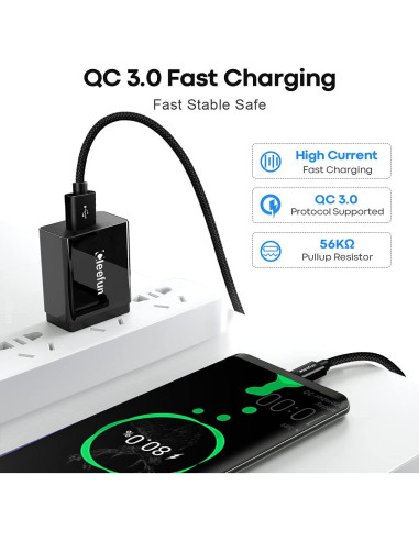 Cable USB C 6.1m CLEEFUN Carga Rápida Nylon Negro