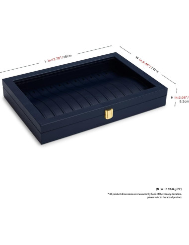Caja de Joyería Oirlv de Cuero Azul con Tapa Acrílica 35x24x5.5cm
