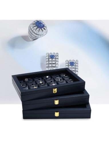 Caja de Joyería Oirlv de Cuero Azul con Tapa Acrílica 35x24x5.5cm