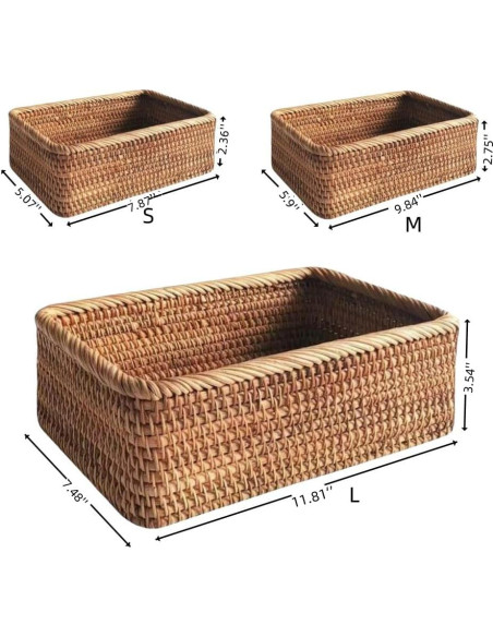Juego de 3 cestas de almacenamiento de ratán natural YOHEOIIO Juego de 3 cestas de almacenamiento de ratán natural YOHEOIIO