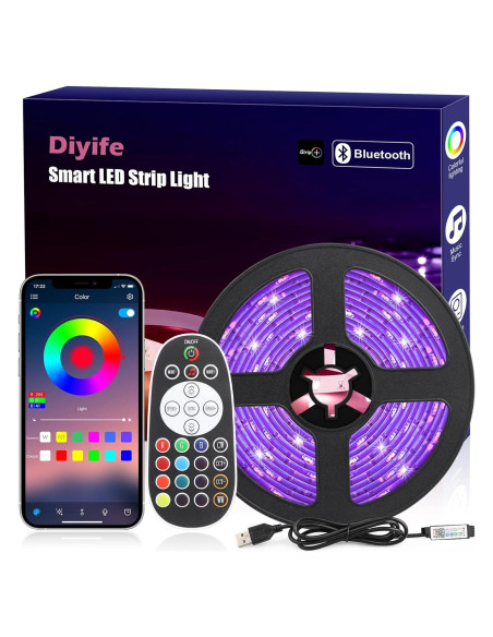 Tira LED RGB 5m Diyife con control remoto y app, música Tira LED RGB 5m Diyife con control remoto y app, música