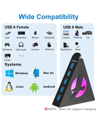 Hub USB 3.0 JoyReken de 7 Puertos con Luz RGB 0.61m