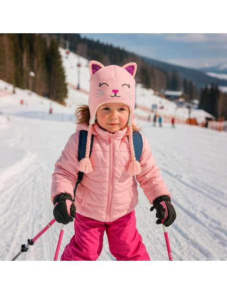 Gorro de Invierno para Niñas con Orejas de Gato Rosa 3-7 Años Gorro de Invierno para Niñas con Orejas de Gato Rosa 3-7 Años