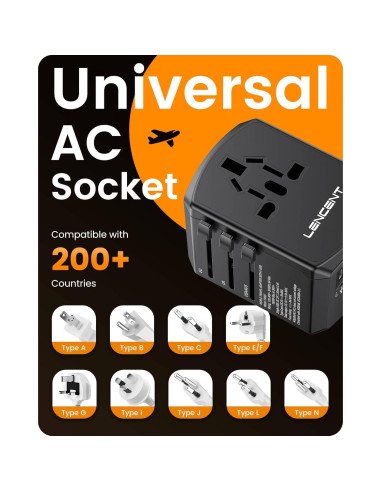 Adaptador de corriente universal LENCENT 5 en 1 con 4 enchufes y 4 puertos USB