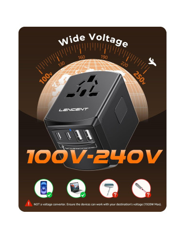 Adaptador de corriente universal LENCENT 5 en 1 con 4 enchufes y 4 puertos USB