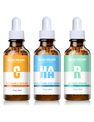 Conjunto de Suero Facial Hicream 3 Piezas 30 ml - Vitamina C, Ácido Hialurónico, Retinol