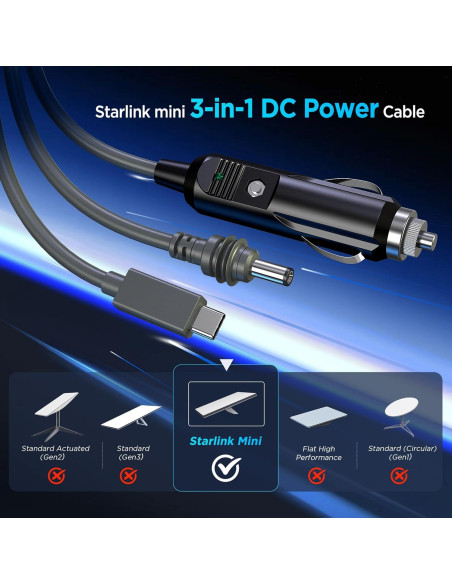 Cable Mini Starlink 3 en 1 Hugener 3M USB C y DC Impermeable Cable Mini Starlink 3 en 1 Hugener 3M USB C y DC Impermeable