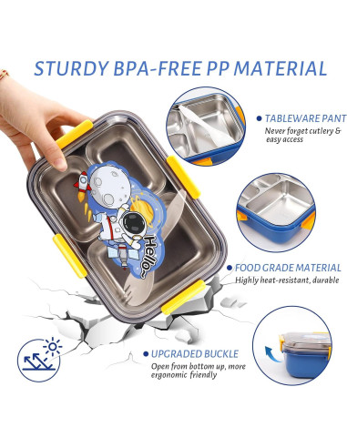 Caja Bento CPIYNOE Azul 3 Compartimentos 1.18L A Prueba de Fugas