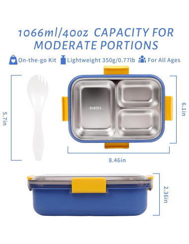 Caja Bento CPIYNOE Azul 3 Compartimentos 1.18L A Prueba de Fugas