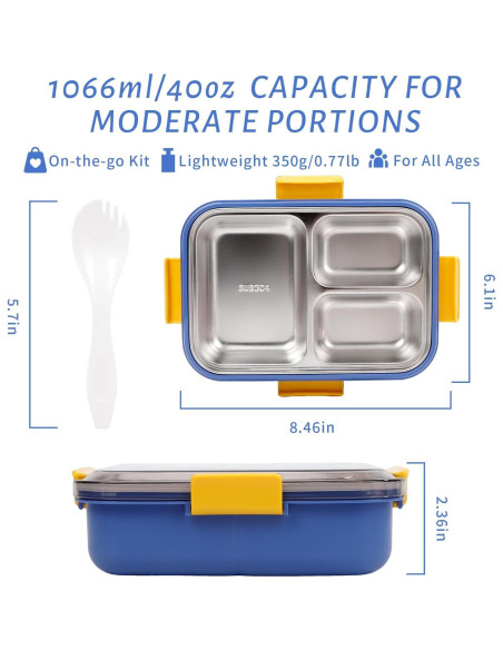Caja Bento CPIYNOE Azul 3 Compartimentos 1.18L A Prueba de Fugas Caja Bento CPIYNOE Azul 3 Compartimentos 1.18L A Prueba de Fugas
