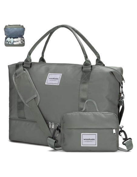 Bolsa de Fin de Semana WOOMADA Verde Militar con Compartimento para Zapatos Bolsa de Fin de Semana WOOMADA Verde Militar con Compartimento para Zapatos